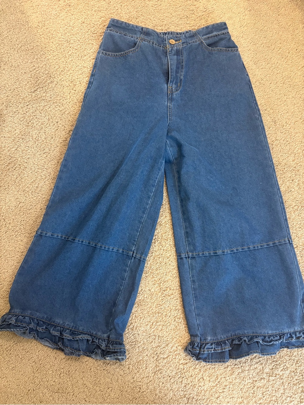 Wide Leg Ruffle Hem Denim Jeans - Blue